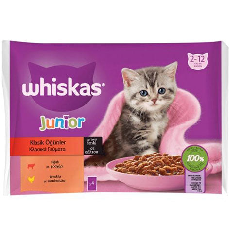 Whiskas Pouch Sos İçinde Sığırlı ve Tavuklu Yavru Kedi Konservesi 4x85 Gr