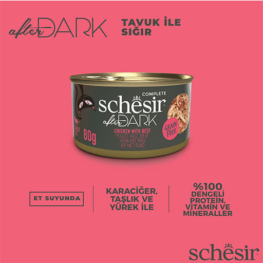 Schesir After Dark Sos İçinde Tavuk Etli ve Sığır Etli Tahılsız Yetişkin Kedi Konservesi 80 Gr