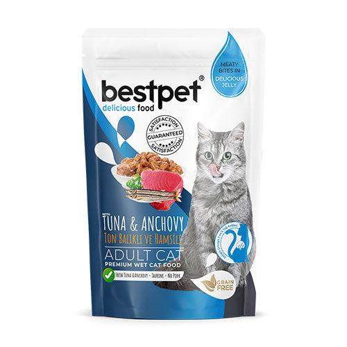 Bestpet Pouch Ton Balıklı ve Hamsili Jelly Tahılsız Yetişkin Kedi Konservesi 85 Gr
