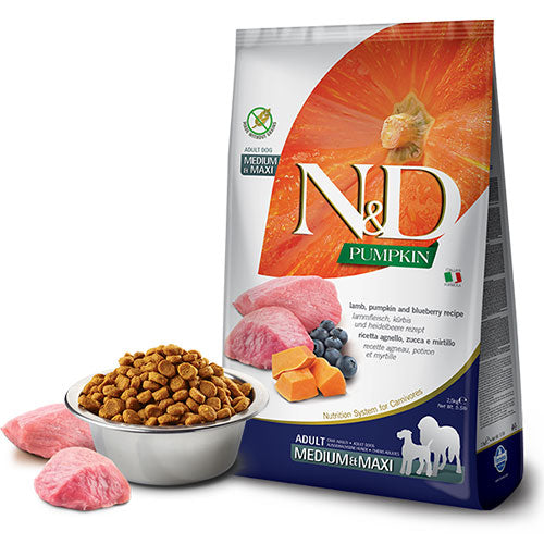N&D Pumpkin Balkabaklı Kuzulu Yaban Mersinli Orta ve Büyük Irk Tahılsız Yetişkin Köpek Maması 12 Kg