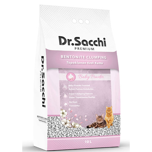 Dr.Sacchi Premium Bebek Pudrası Kokulu Bentonit İnce Taneli Topaklanan Kedi Kumu 10 Lt