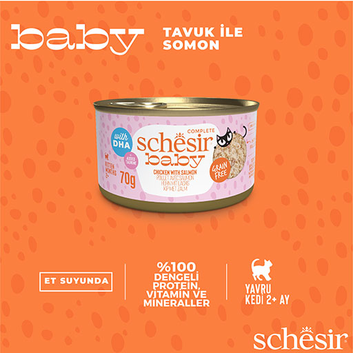 Schesir Babycat Tavuklu ve Somon Balıklı Tahılsız Yavru Kedi Konservesi 12 Adet 70 Gr