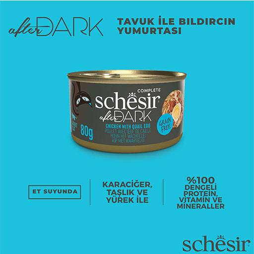 Schesir After Dark Sos İçinde Tavuklu ve Bıldırcın Yumurtalı Tahılsız Yetişkin Kedi Konservesi 80 Gr