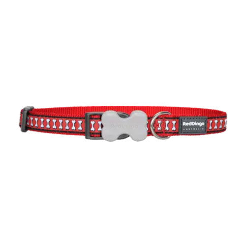 Reddingo Reflektörlü Kemik Desenli Kırmızı Köpek Boyun Tasması Medium 20 Mm 31-47 Cm
